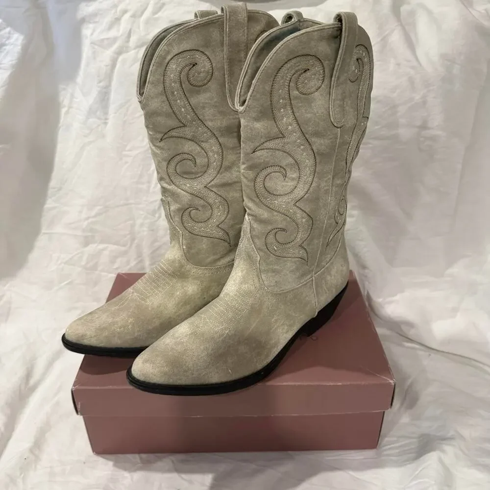 American Rag White Suede Mid Calf Boots Western Cowboy Boho Size 10 Country